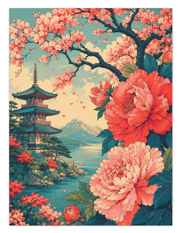 Blossoms of Kyoto – Vintage Japanese Pagoda & Peony Wall Art Canvas Print