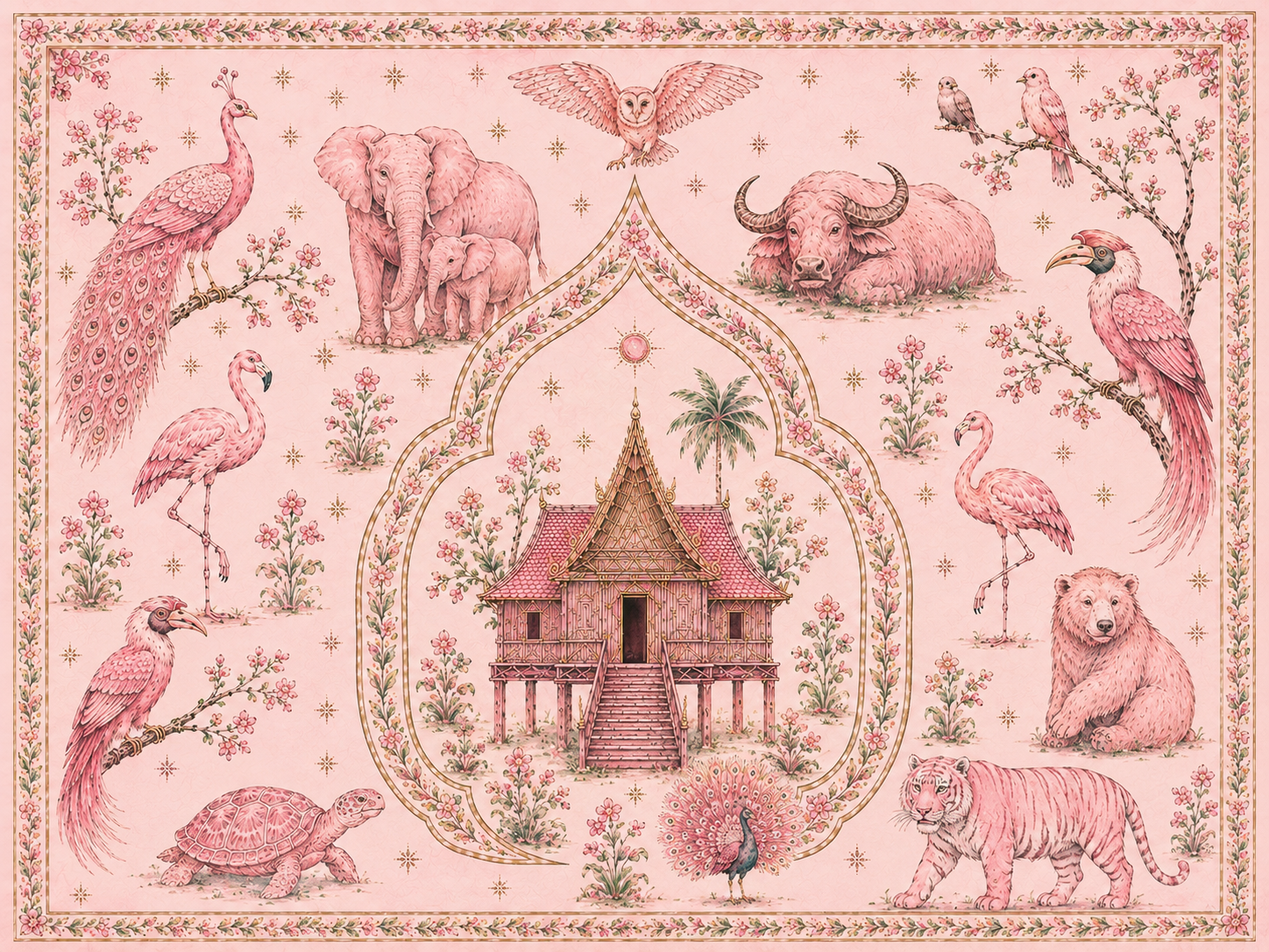 Vintage Blush Tropical Menagerie Throw Blanket - Velveteen Plush Blanket