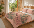 Peach Vintage Peacock Cotton Bed Set — Tropical Botanical Duvet Cover & Pillowcases