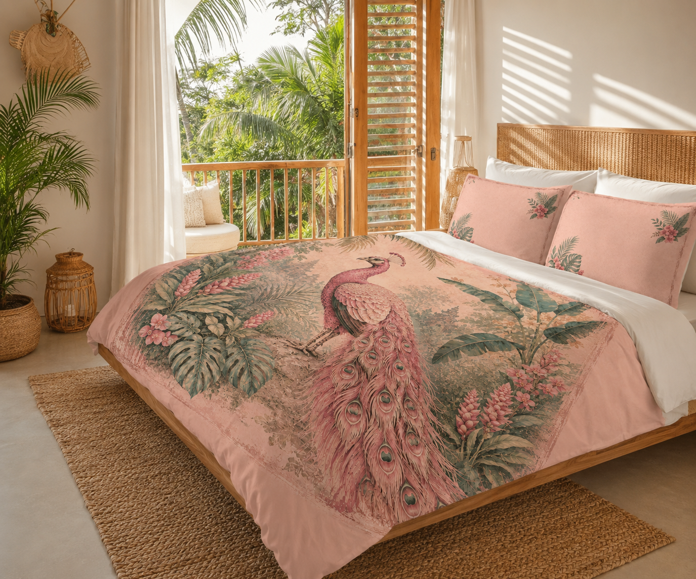 Peach Vintage Peacock Cotton Bed Set — Tropical Botanical Duvet Cover & Pillowcases