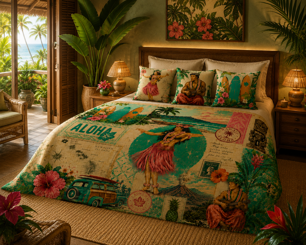 Island Story - Vintage Tropical Velveteen Plush Blanket