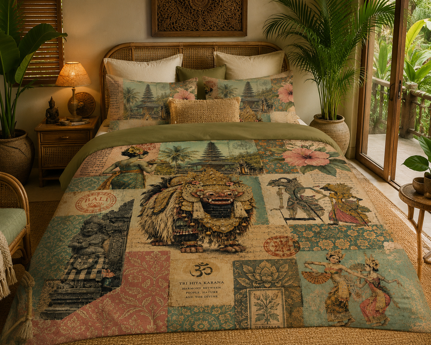 Balinese Heritage Collage Vintage Cotton Duvet Cover Set - Tropical Boho Bedding with Matching Pillowcases