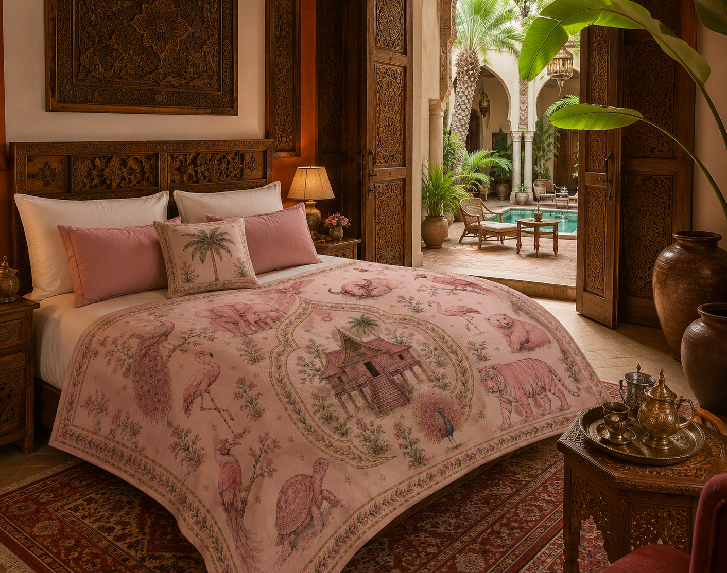 Vintage Blush Tropical Menagerie Throw Blanket - Velveteen Plush Blanket