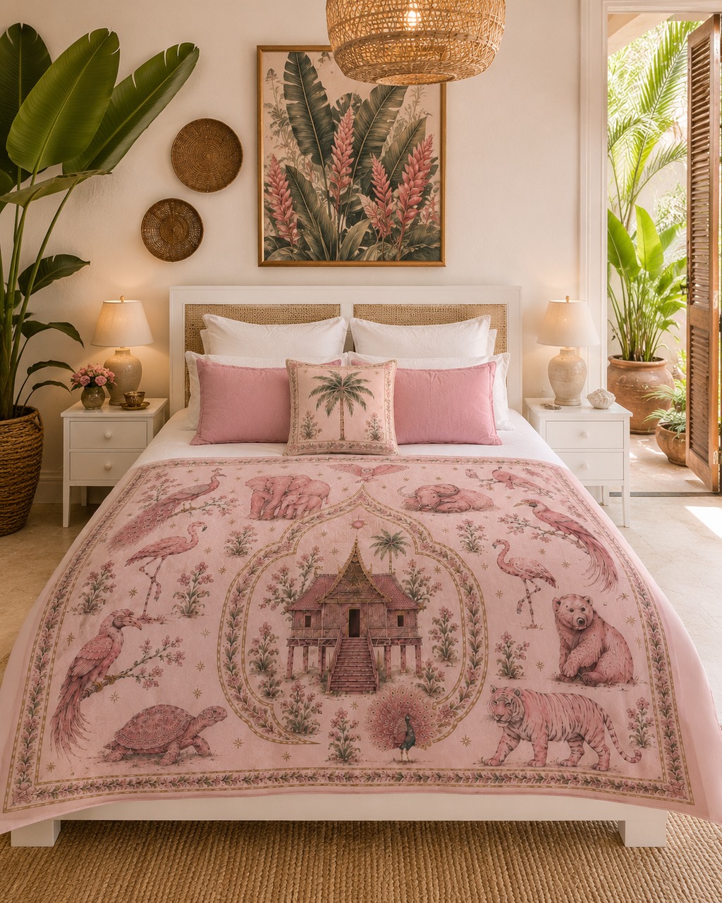 Vintage Blush Tropical Menagerie Throw Blanket - Velveteen Plush Blanket
