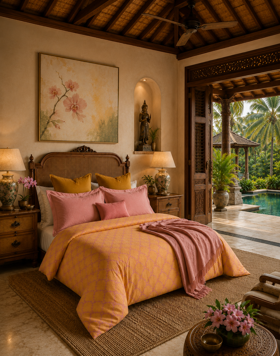 Golden Fan Vintage Cotton Bed Linen – Pink & Mustard Decorative Duvet & Matching Pillow Covers