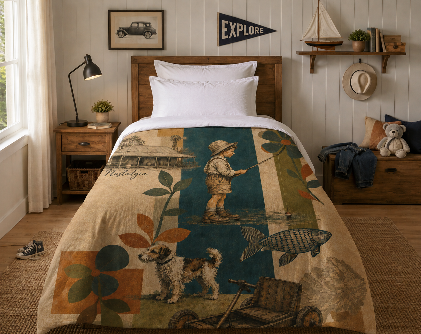 Nostalgia Fishing Boy Vintage Quilt – Rustic Farmhouse Cotton Bedding