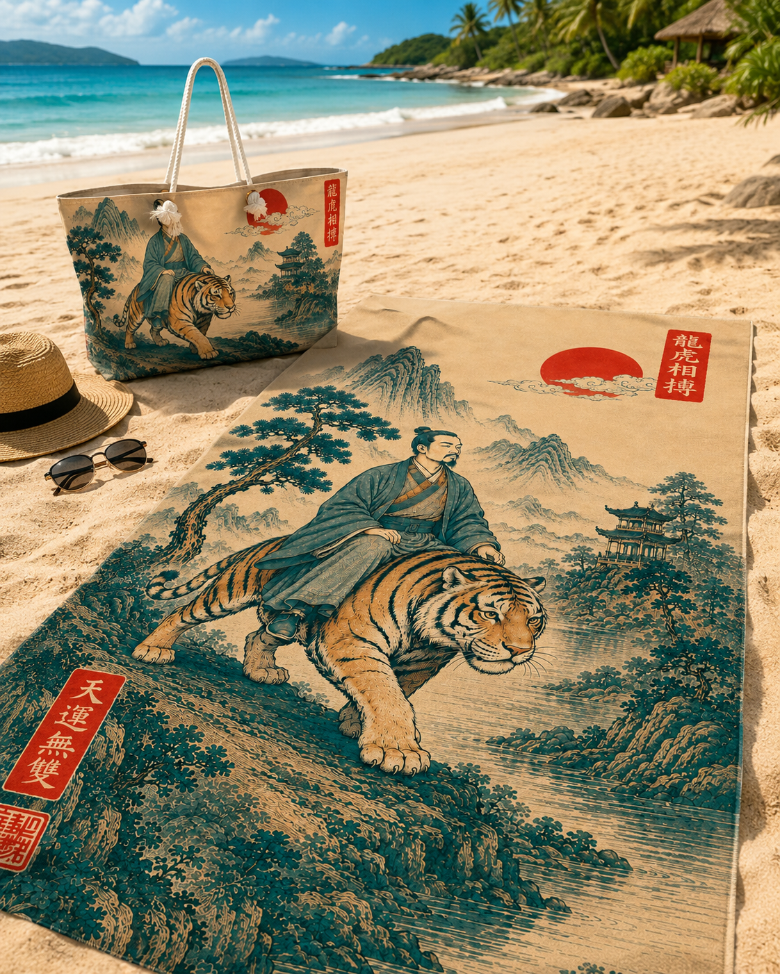 Vintage Oriental Tiger Riding  Beach Towel — Vintage Ukiyo-e Sun & Mountain Design