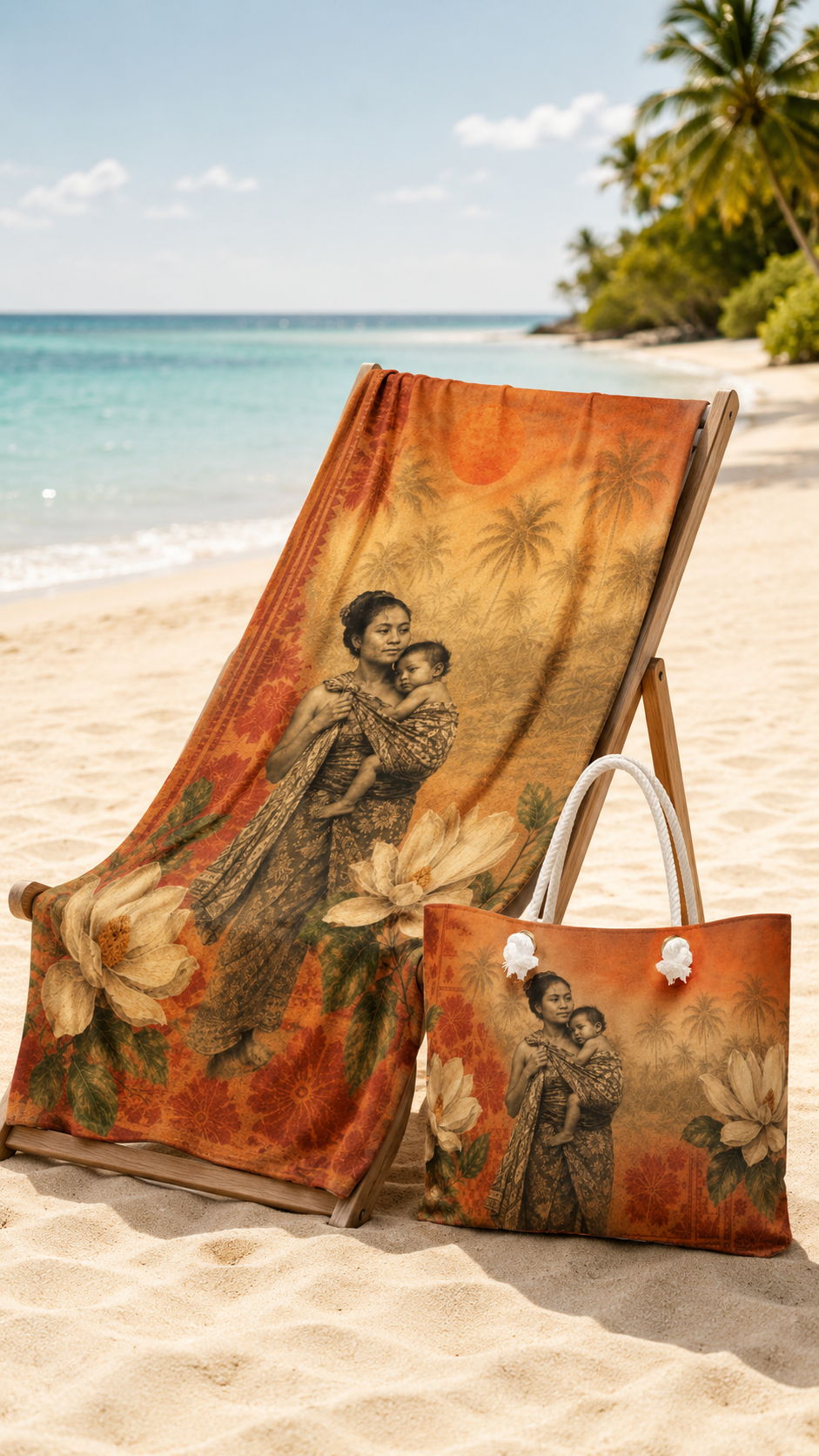 Island Mother Vintage Tropical Large Beach Towel– Balinese-Inspired Magnolia & Sunset Print