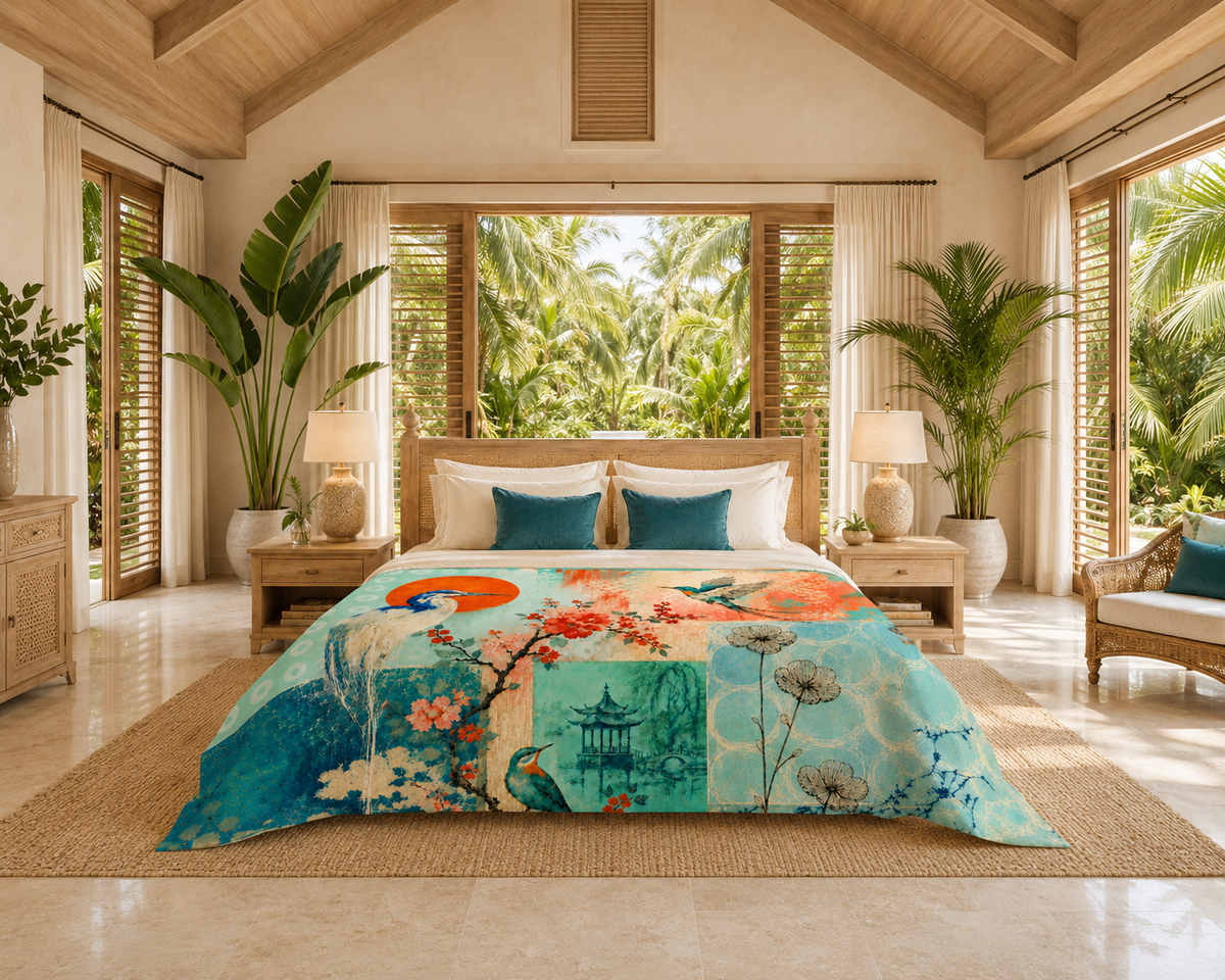Vintage Asian Garden Collage Cotton Quilt – Blue & Coral Bird Botanical Cotton  Bedding