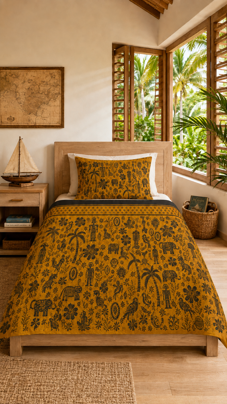 Mustard Tribal Tropical Quilt — Rustic Orange Tribal Cotton Bedspread