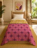 Retro Plum on Floral Yellow Cotton Quilt  – Vintage Tropical Floral Geometric Bedspread
