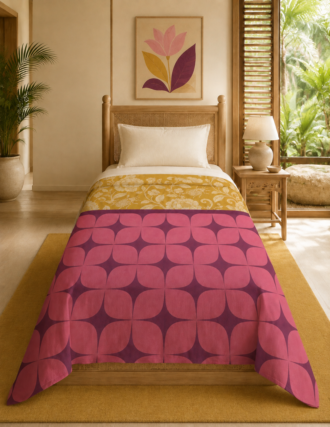 Retro Plum on Floral Yellow Cotton Quilt  – Vintage Tropical Floral Geometric Bedspread