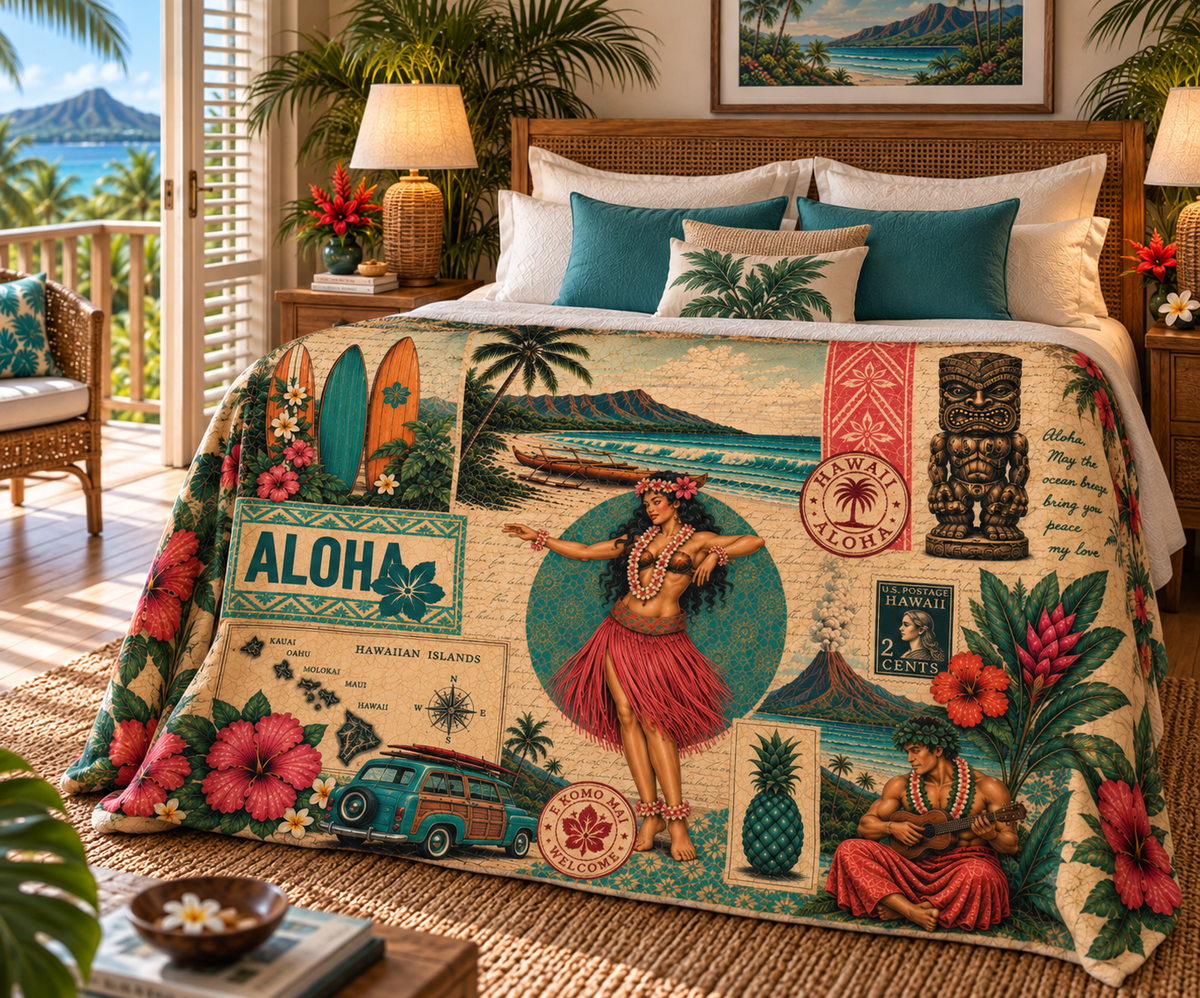 Velveteen Plush Blanket - Aloha Islands, vintage Hawaiian collage design