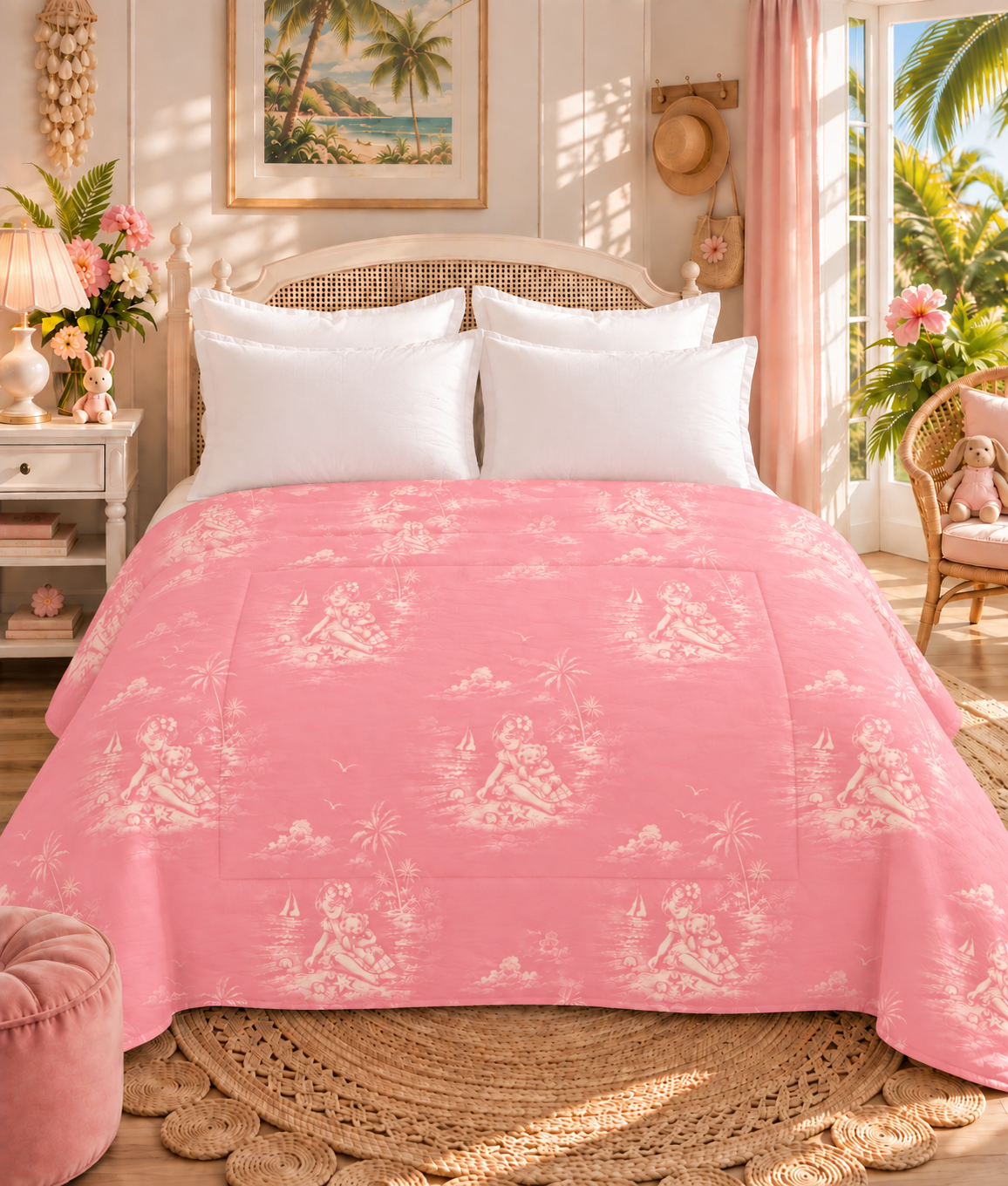“Comforter – Nostalgia Beachcomber Girl vintage tropical bedding with nostalgic beach illustration”