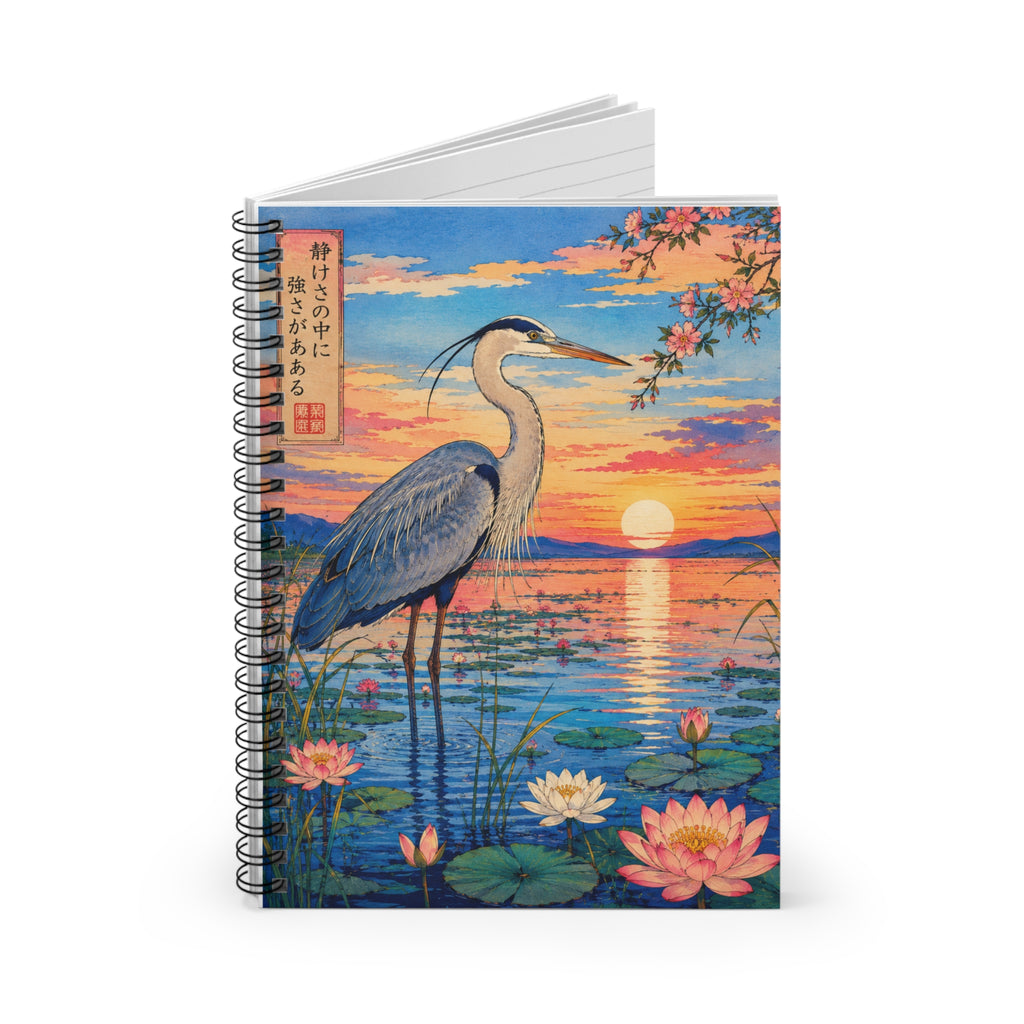 Spiral Notebook Heron Sunset — Ruled Journal with Lotus Pond Illustration