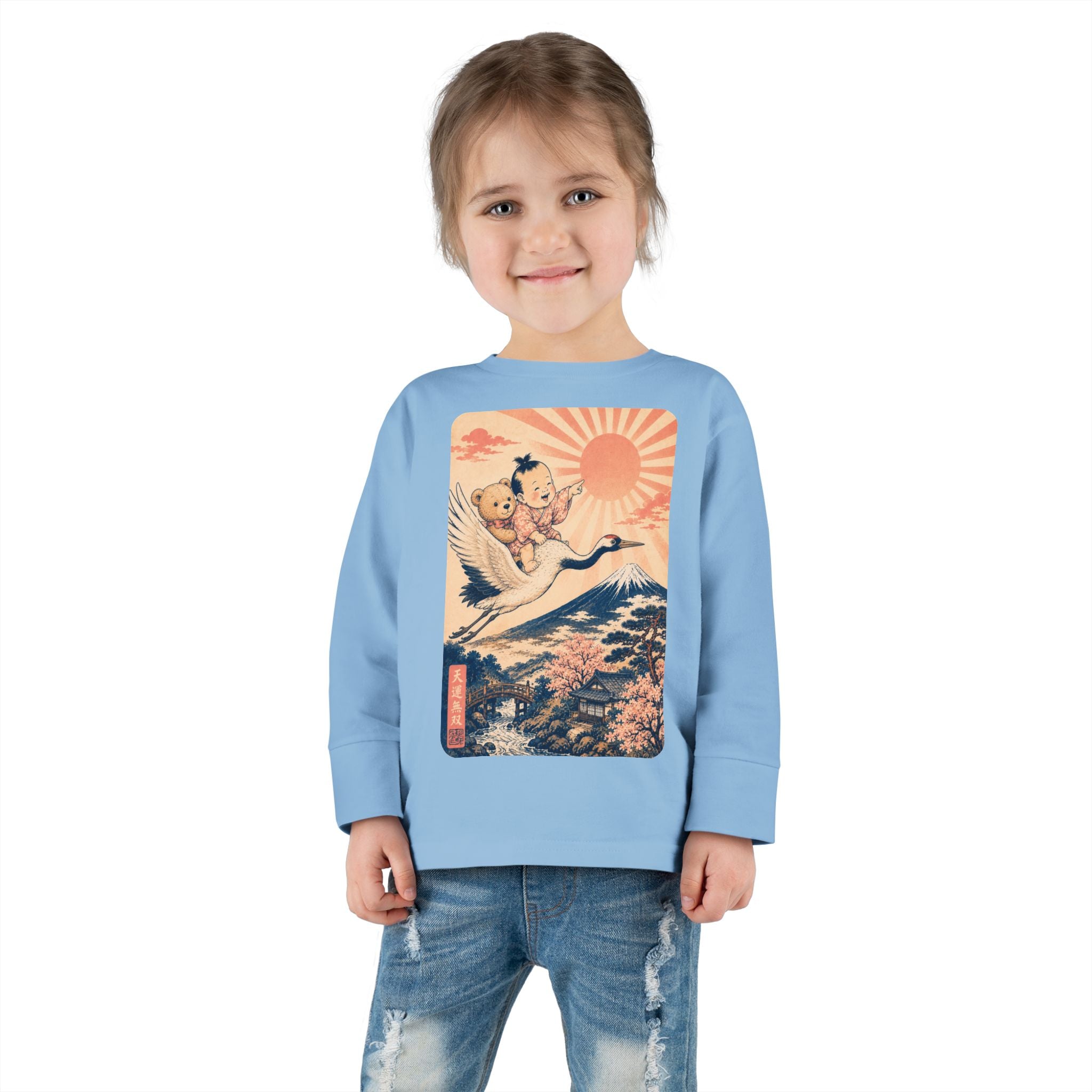 Toddler Long Sleeve Tee — Kawaii Ukiyo-e Crane Ride with Rising Sun