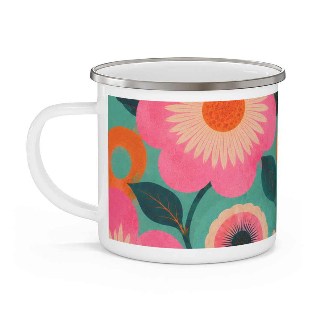 Retro Floral Enamel Camping Mug —  Pink & Teal Wildflower Print
