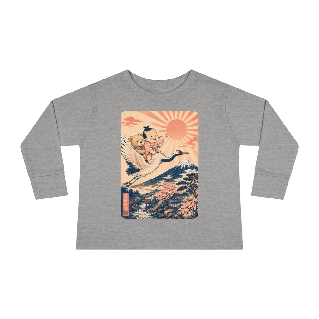 Toddler Long Sleeve Tee — Kawaii Ukiyo-e Crane Ride with Rising Sun
