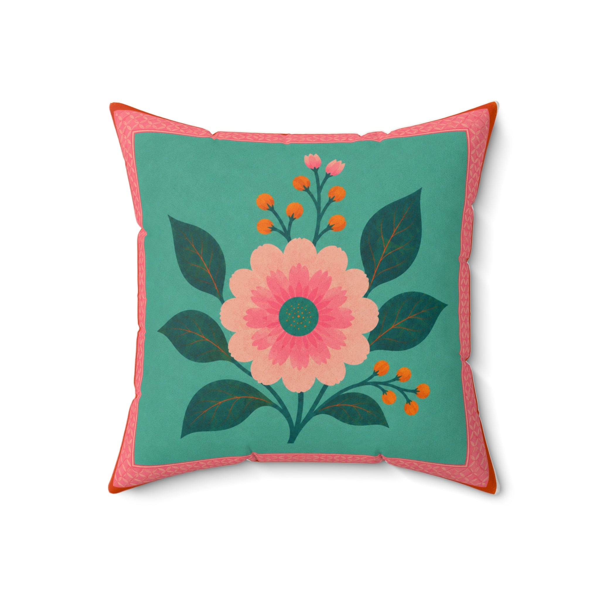 Retro Floral Faux Suede Cushion —  Bright Pink Orange & Teal Flower & Leaves Cushion