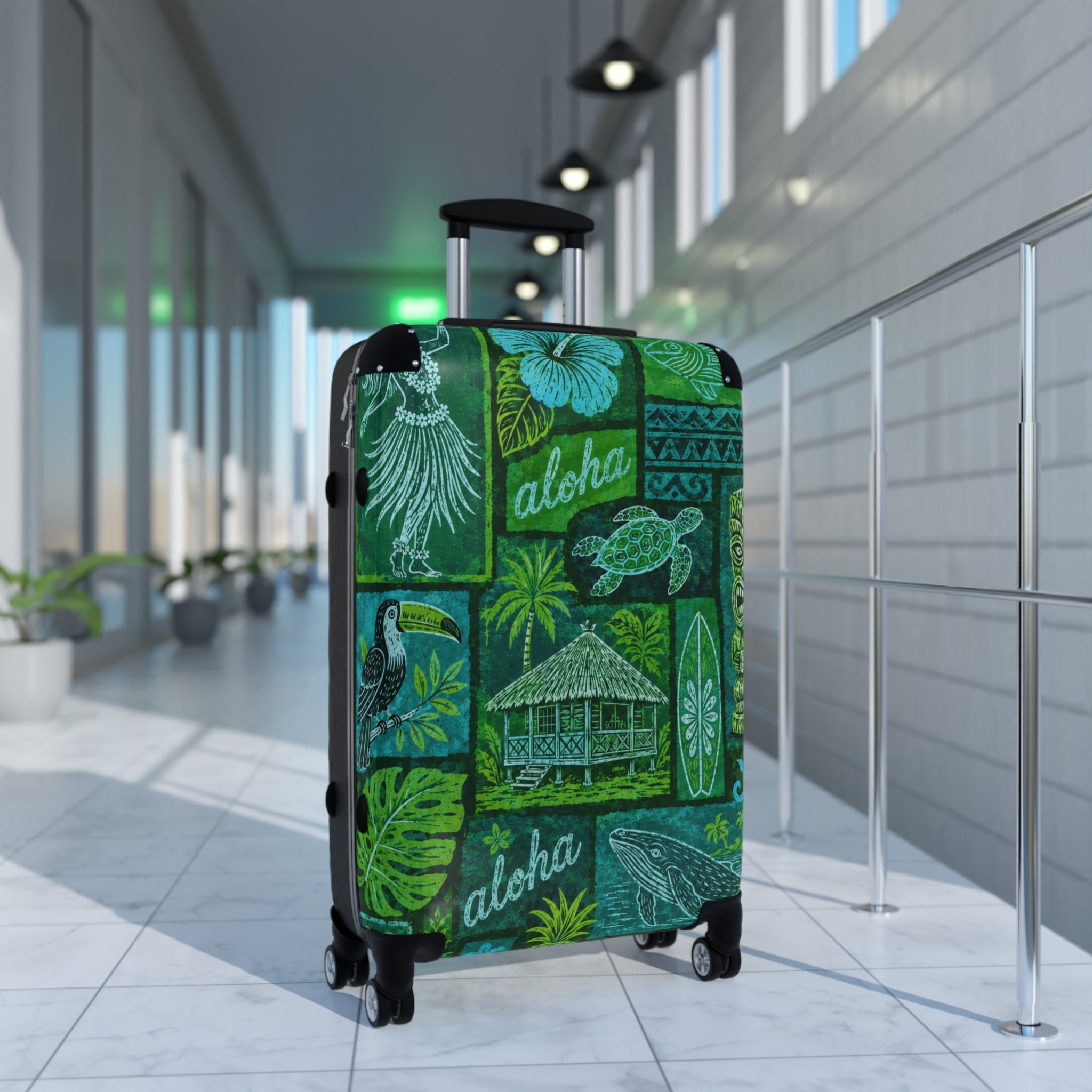 Aloha Tropical Suitcase – Green Hawaiian Stamp Print Luggage