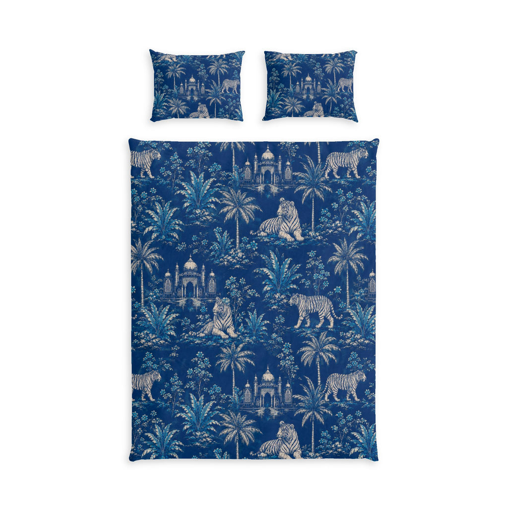 Indigo Jungle Cotton Duvet Cover Set — Tropical Palms & Tigers Bedding