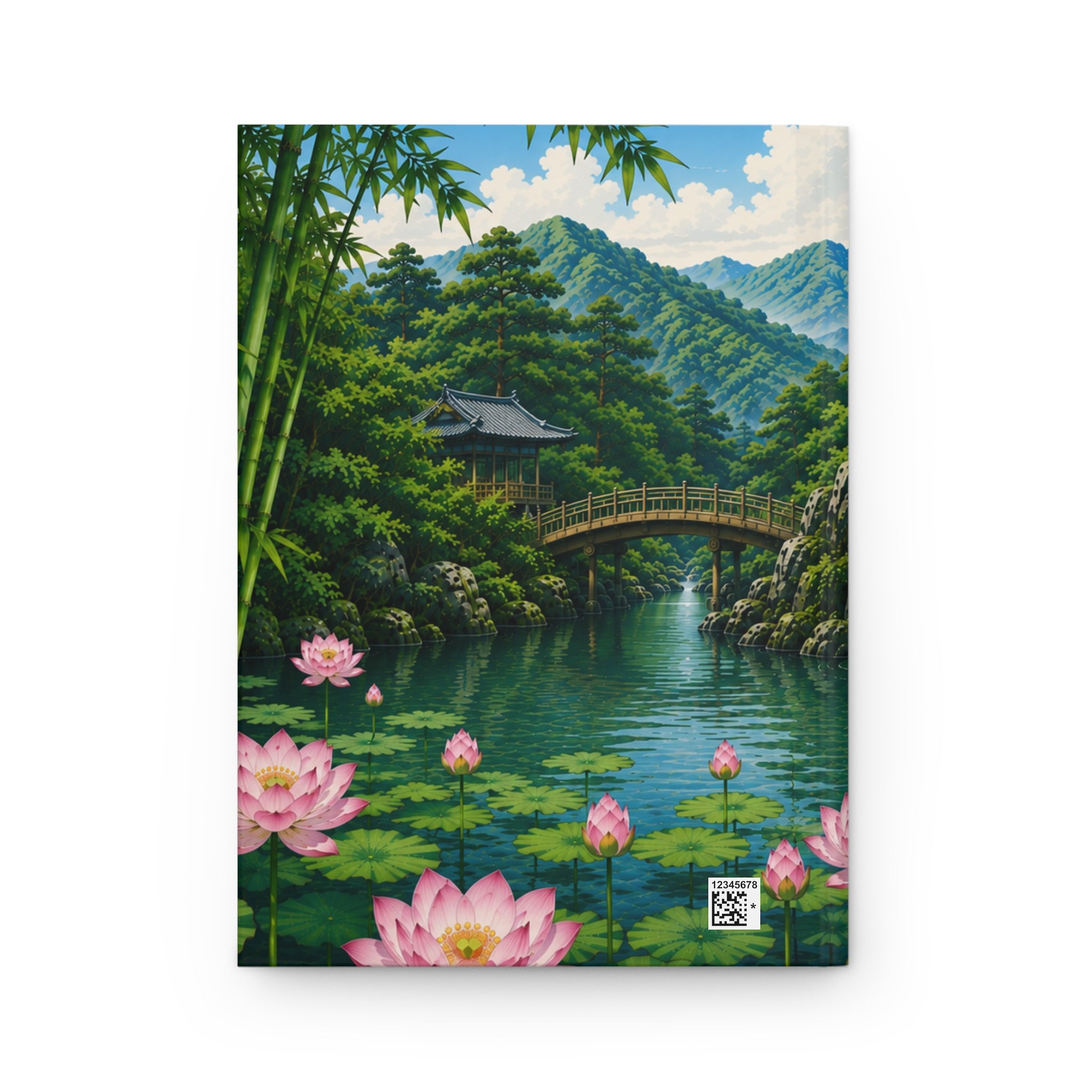 Hardcover Journal — Serene Japanese Garden Waterfall & Kingfisher Notebook