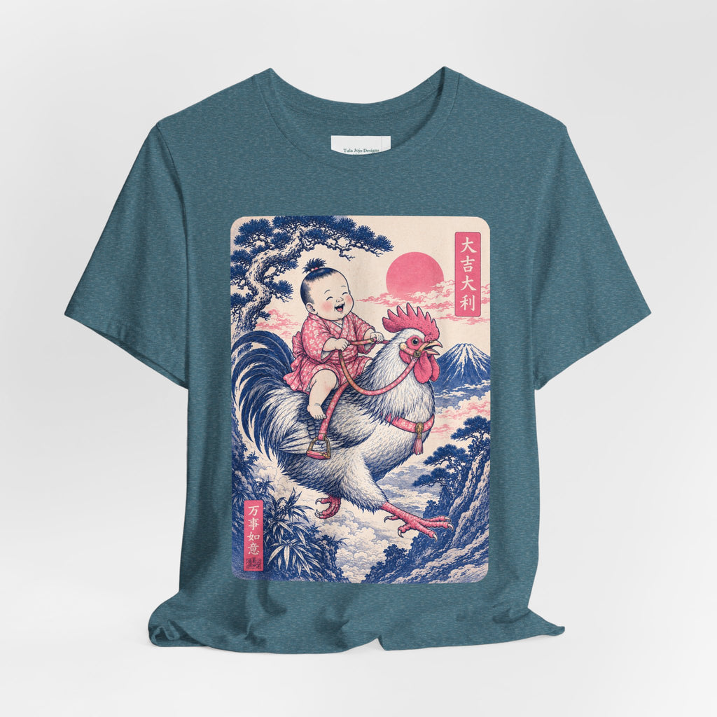 Unisex T Shirt Rooster Rider Tee — Vintage Japanese Ukiyo-e Inspired Graphic Tee
