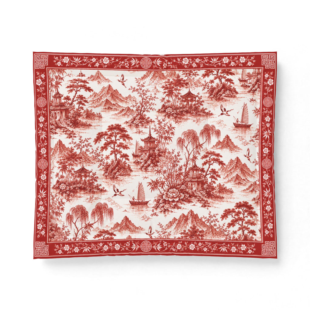 Comforter - Red Chinoiserie, vintage cotton quilt design