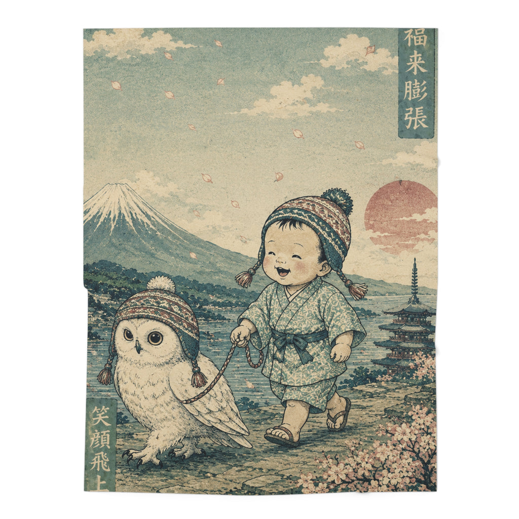 Baby Swaddle Blanket — Vintage Japanese Nursery Print with Child, Owl & Mount Fuji  Blanket