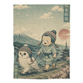 Baby Swaddle Blanket — Vintage Japanese Nursery Print with Child, Owl & Mount Fuji  Blanket