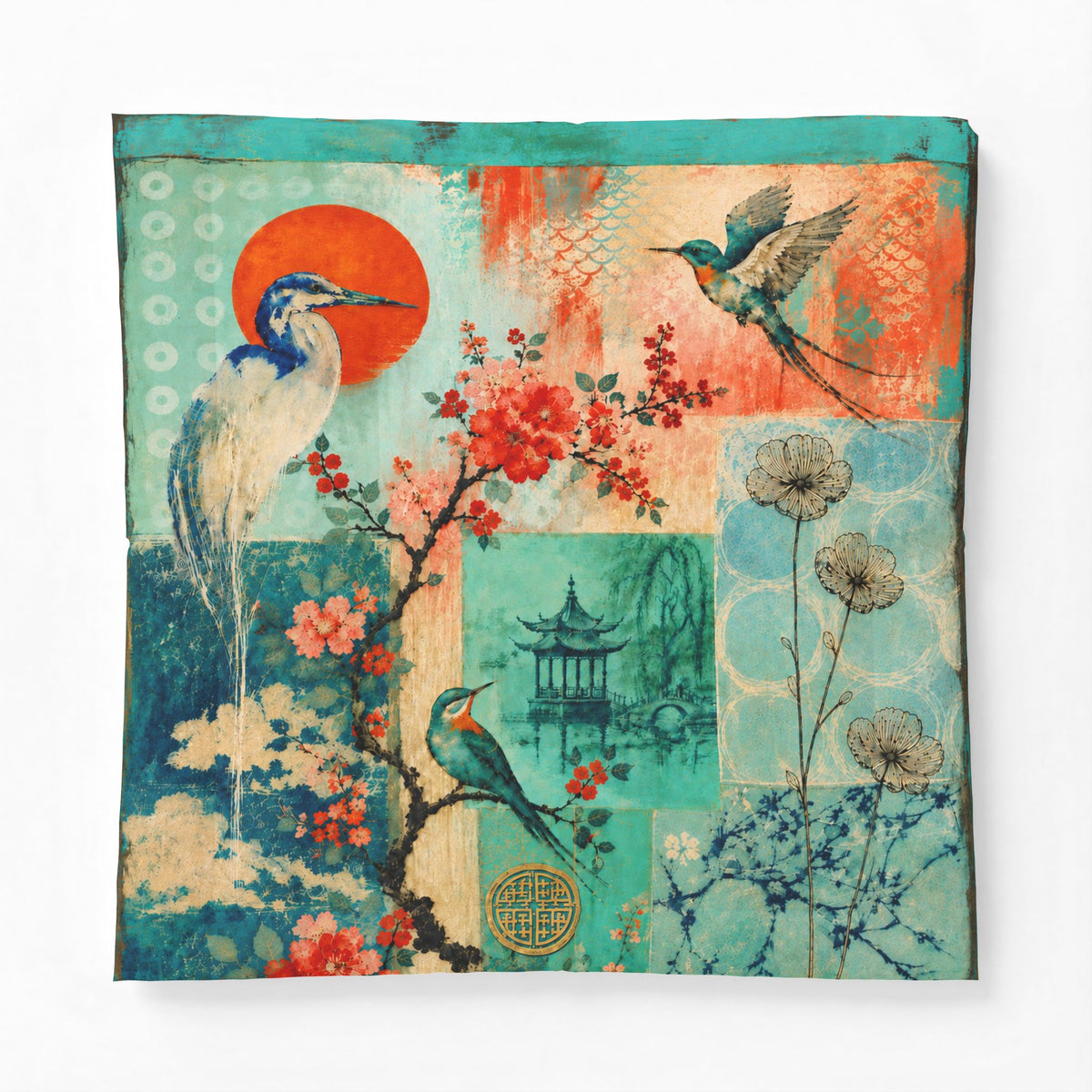Vintage Asian Garden Collage Cotton Quilt – Blue & Coral Bird Botanical Cotton  Bedding