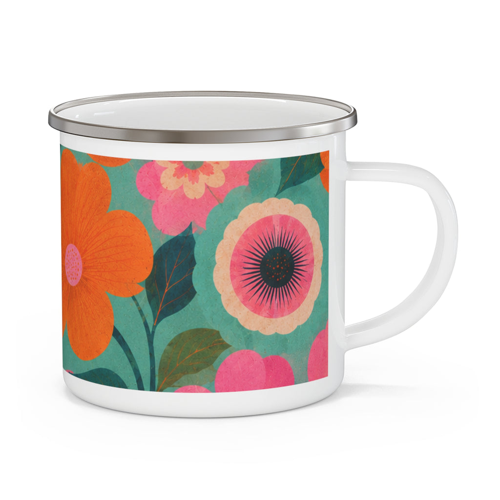 Retro Floral Enamel Camping Mug —  Pink & Teal Wildflower Print