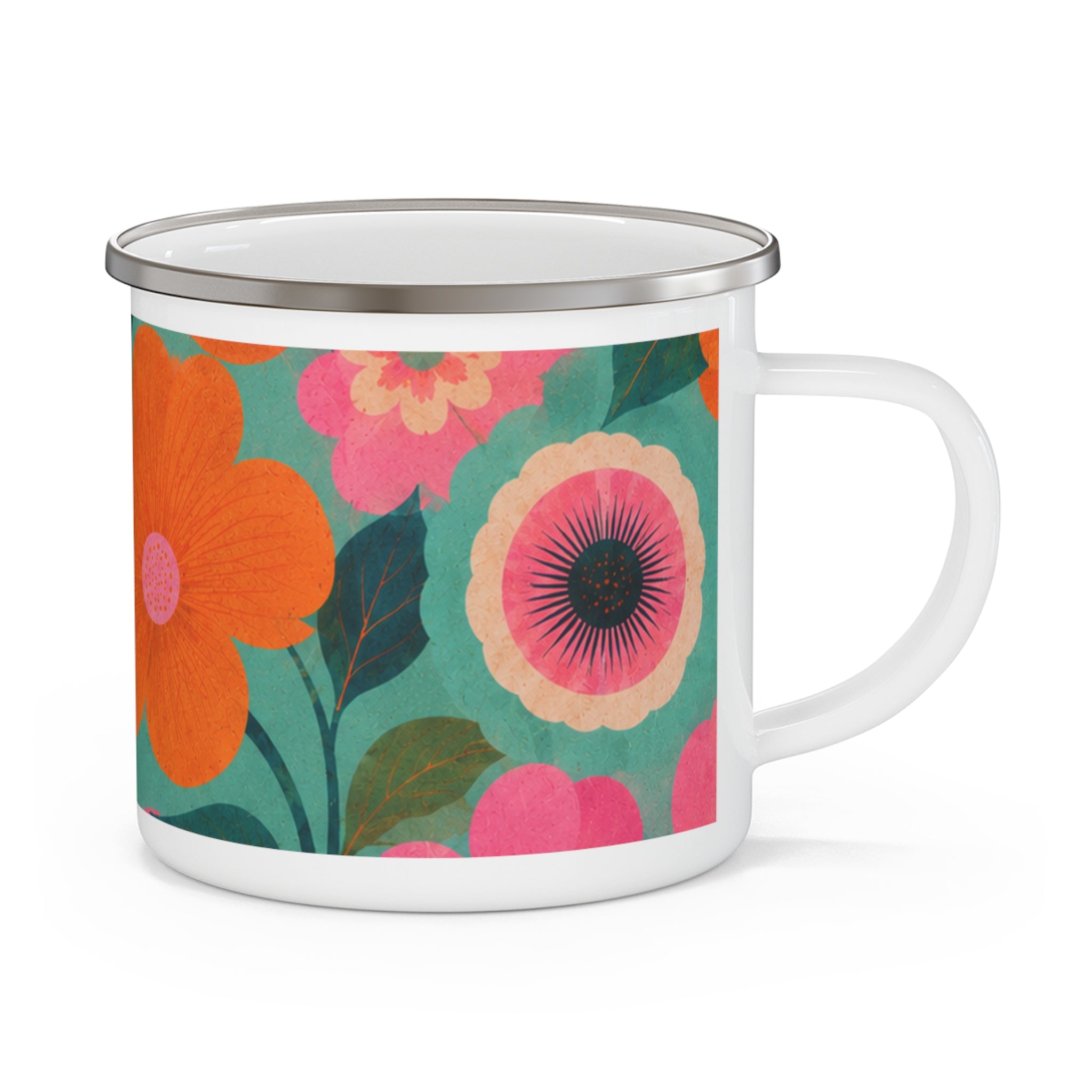 Retro Floral Enamel Camping Mug —  Pink & Teal Wildflower Print