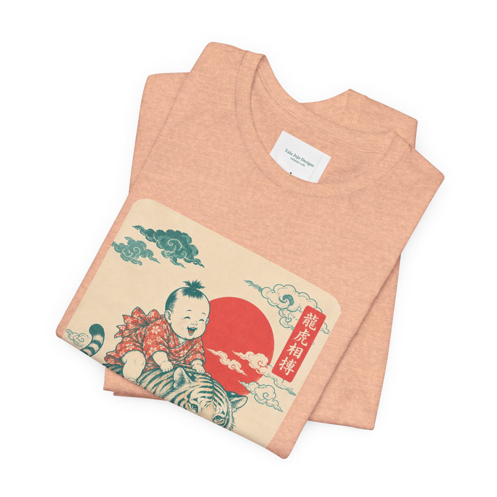 Unisex T Shirt Vintage Japanese Tiger — Child Riding Tiger with Rising Sun Graphic