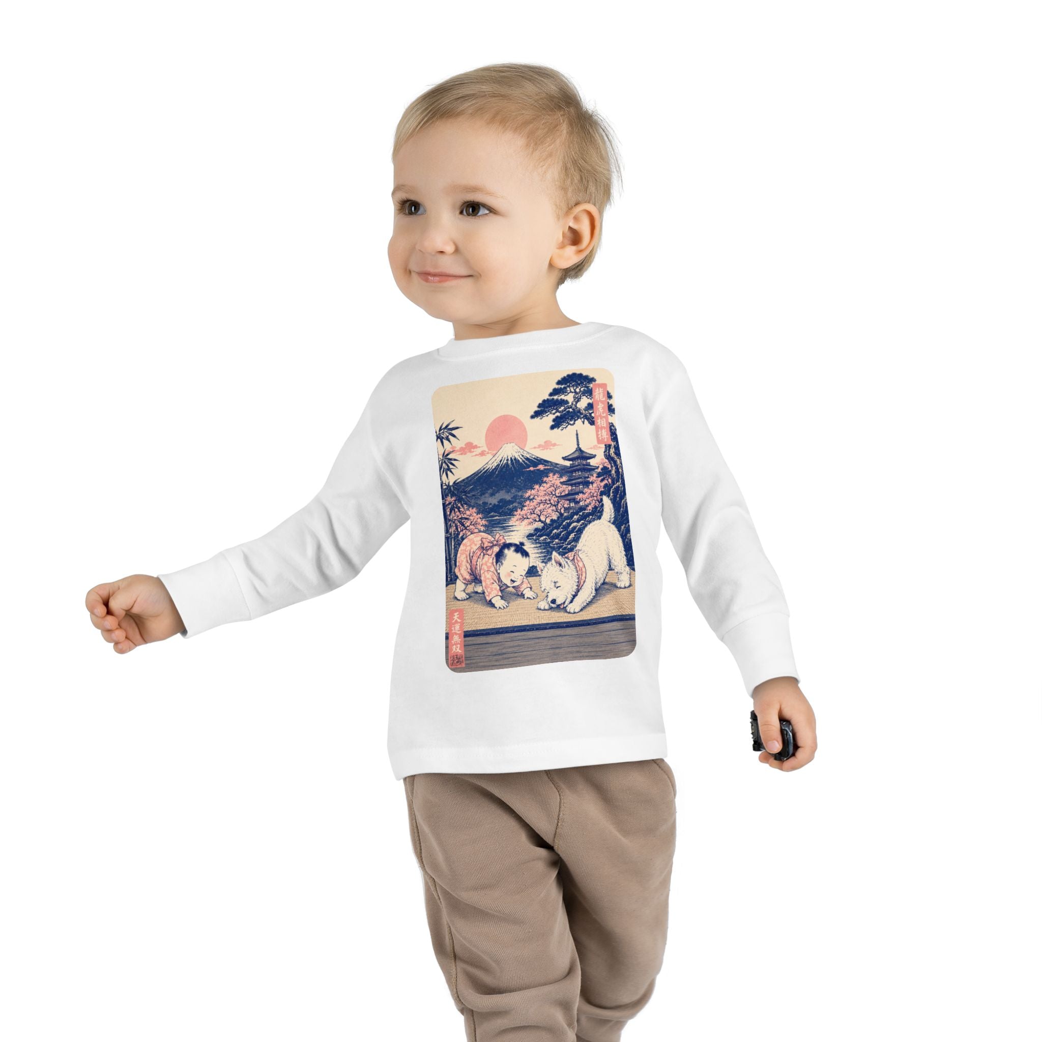 Toddler Long Sleeve Tee — Vintage Japanese Puppy Sunset Graphic