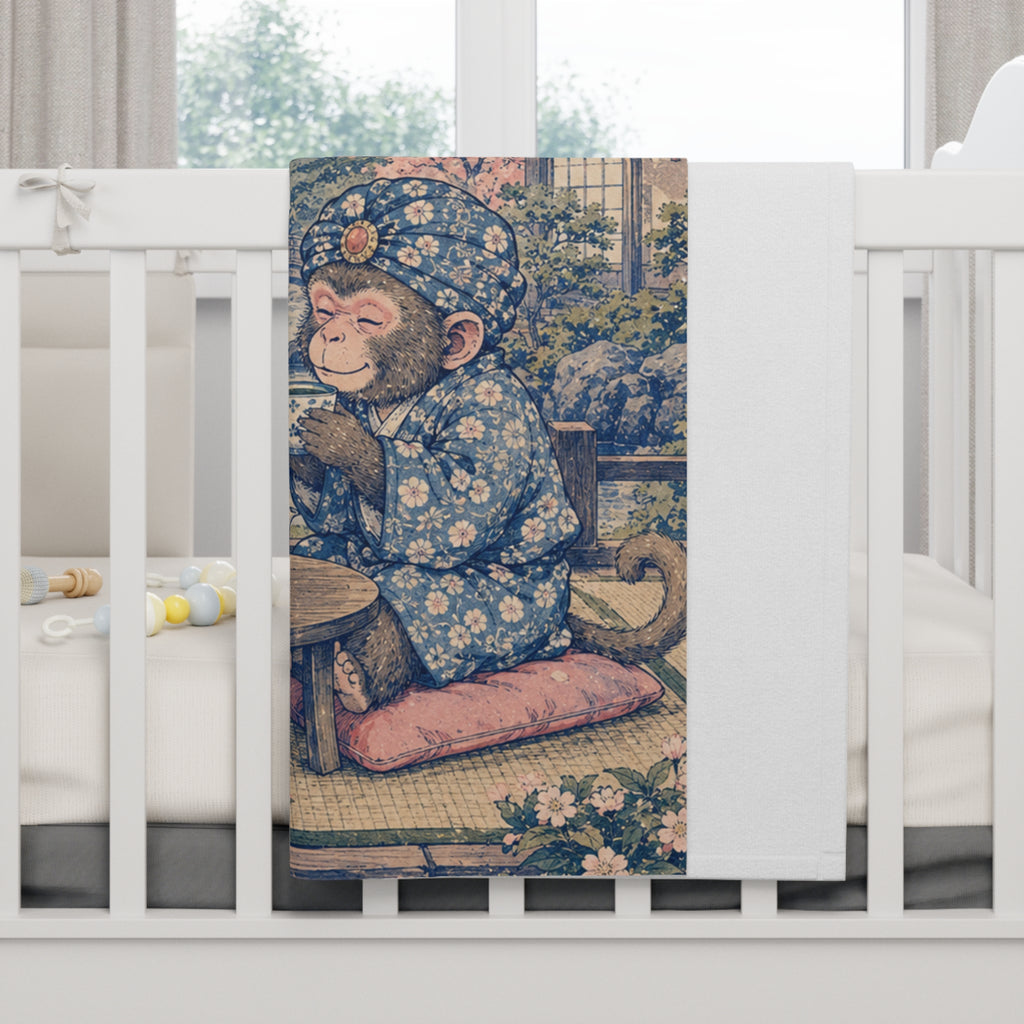 Toddler Blanket — Vintage Japanese Baby & Monkey Kids Throw (Fuji & Cherry Blossom Design)