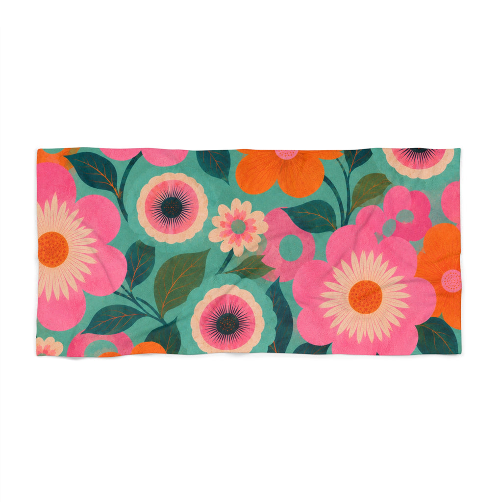 Retro Floral Beach Towel — Bright Pink Orange & Teal Vintage Flower Design