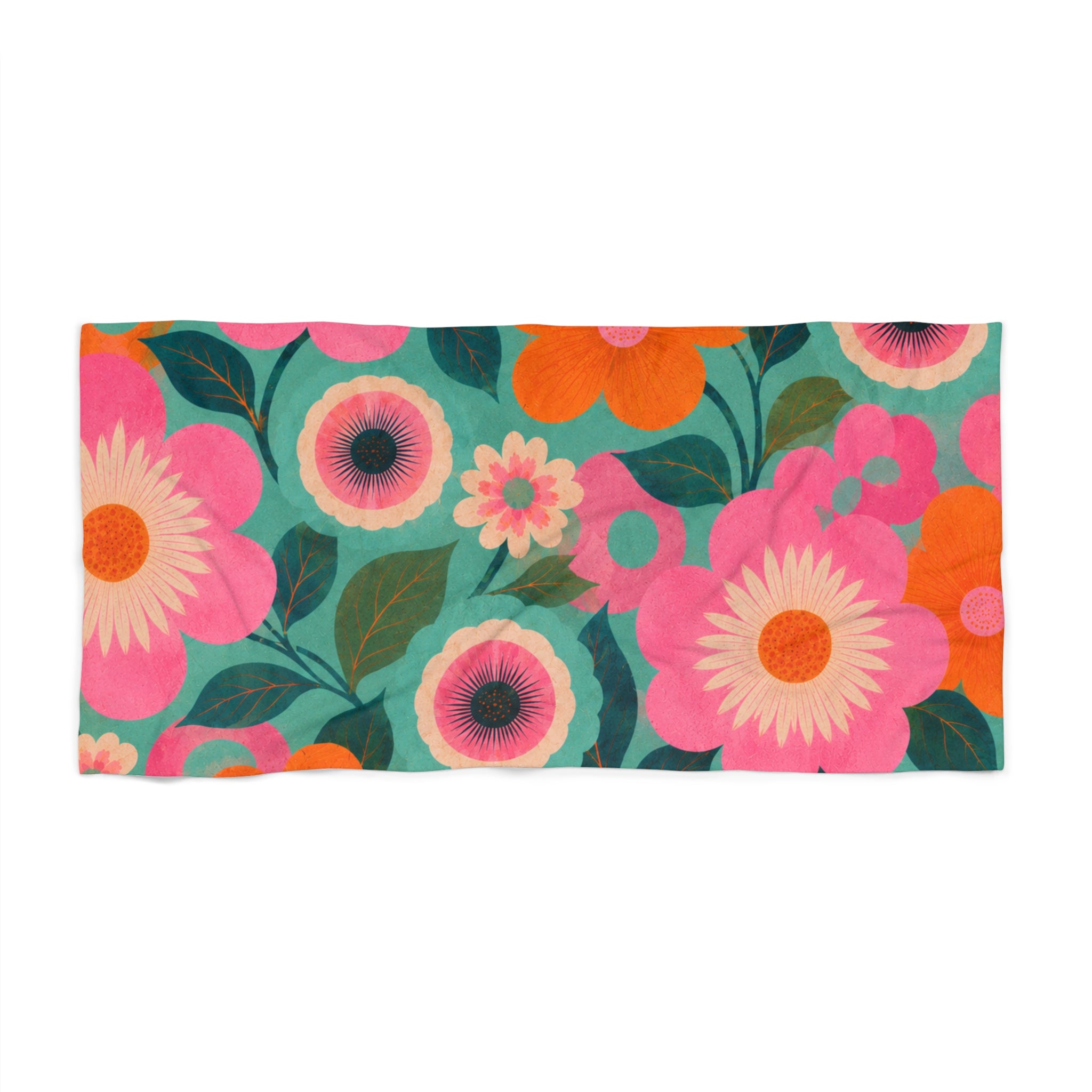 Retro Floral Beach Towel — Bright Pink Orange & Teal Vintage Flower Design