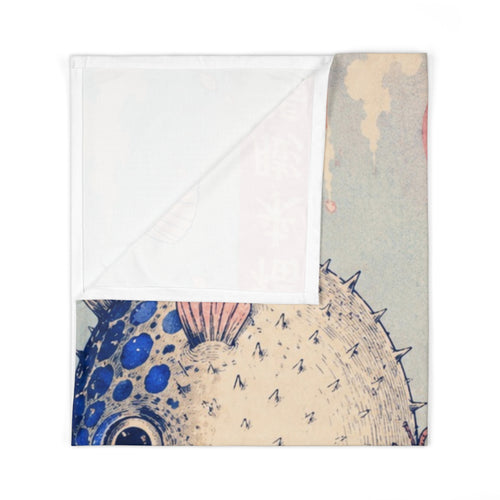 Baby Swaddle Blanket — Vintage Japanese Nursery Print with Child,Puffer Fish Mount Fuji on  Blanket