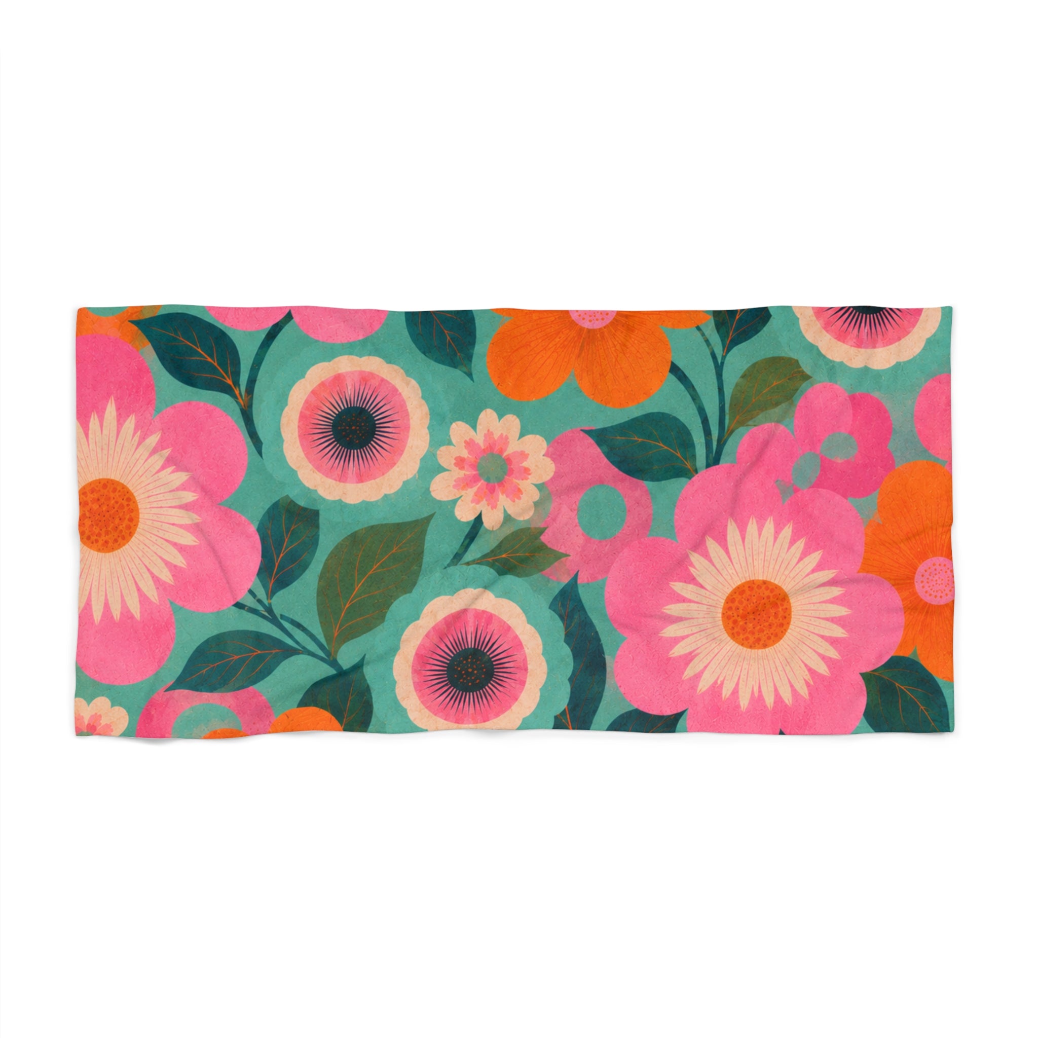 Retro Floral Beach Towel — Bright Pink Orange & Teal Vintage Flower Design
