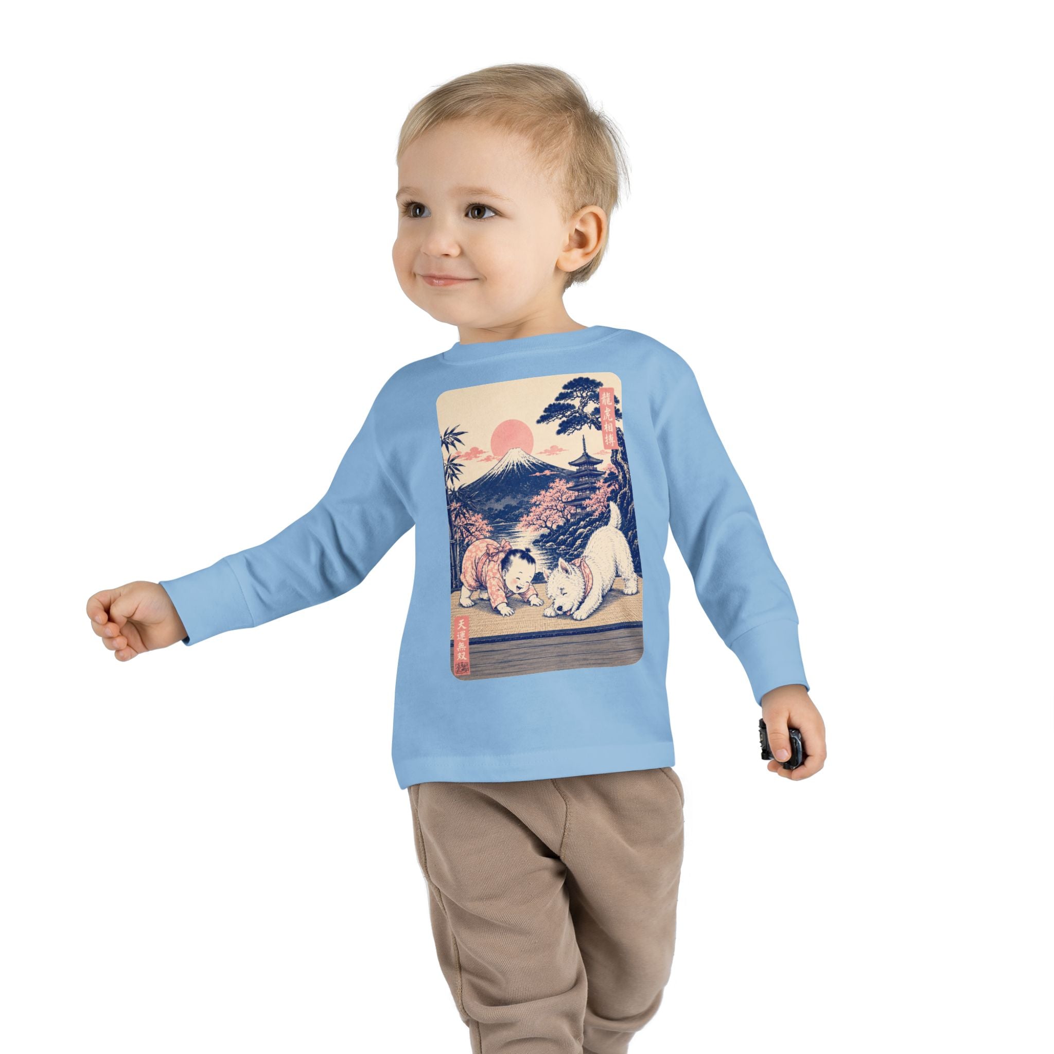 Toddler Long Sleeve Tee — Vintage Japanese Puppy Sunset Graphic