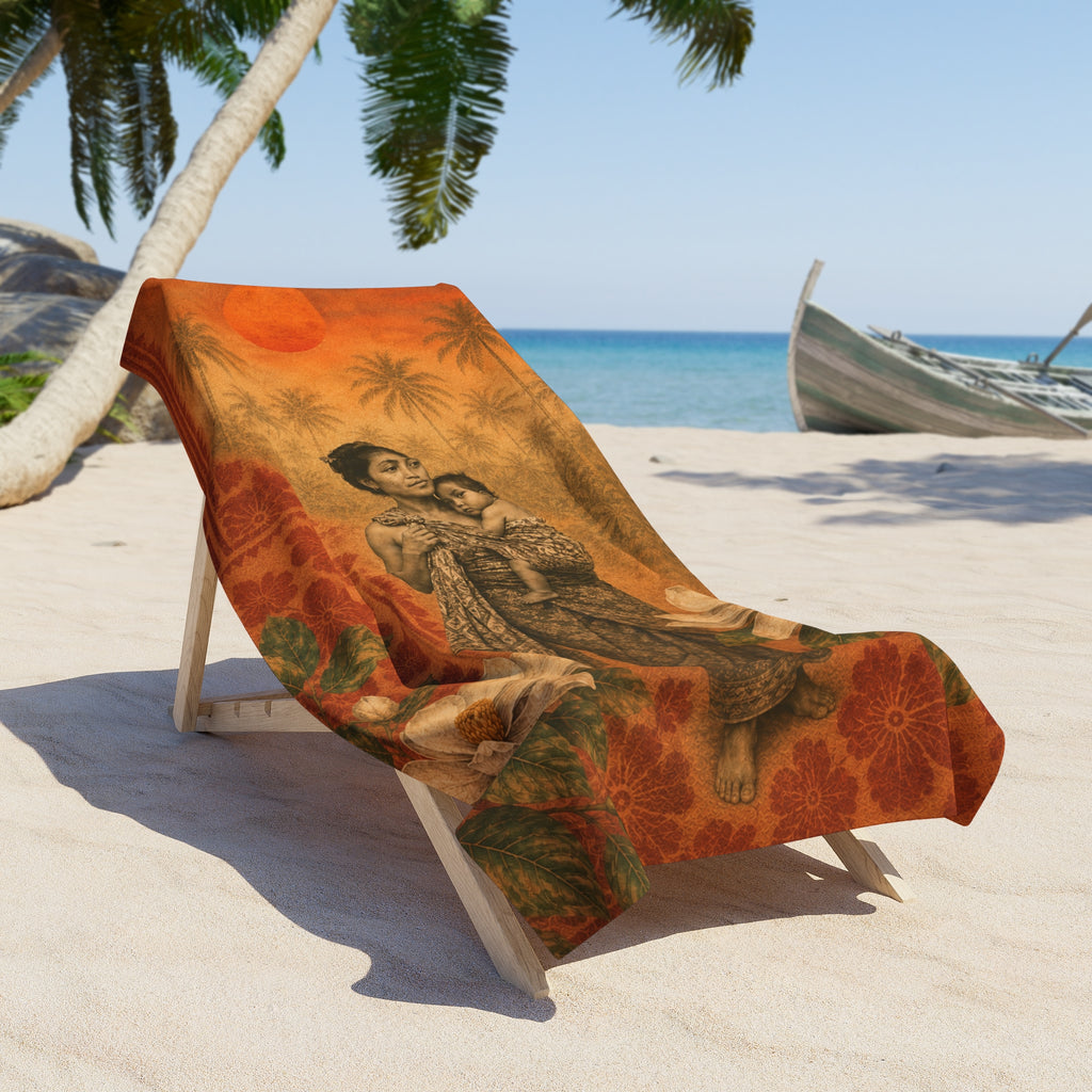 Island Mother Vintage Tropical Large Beach Towel– Balinese-Inspired Magnolia & Sunset Print