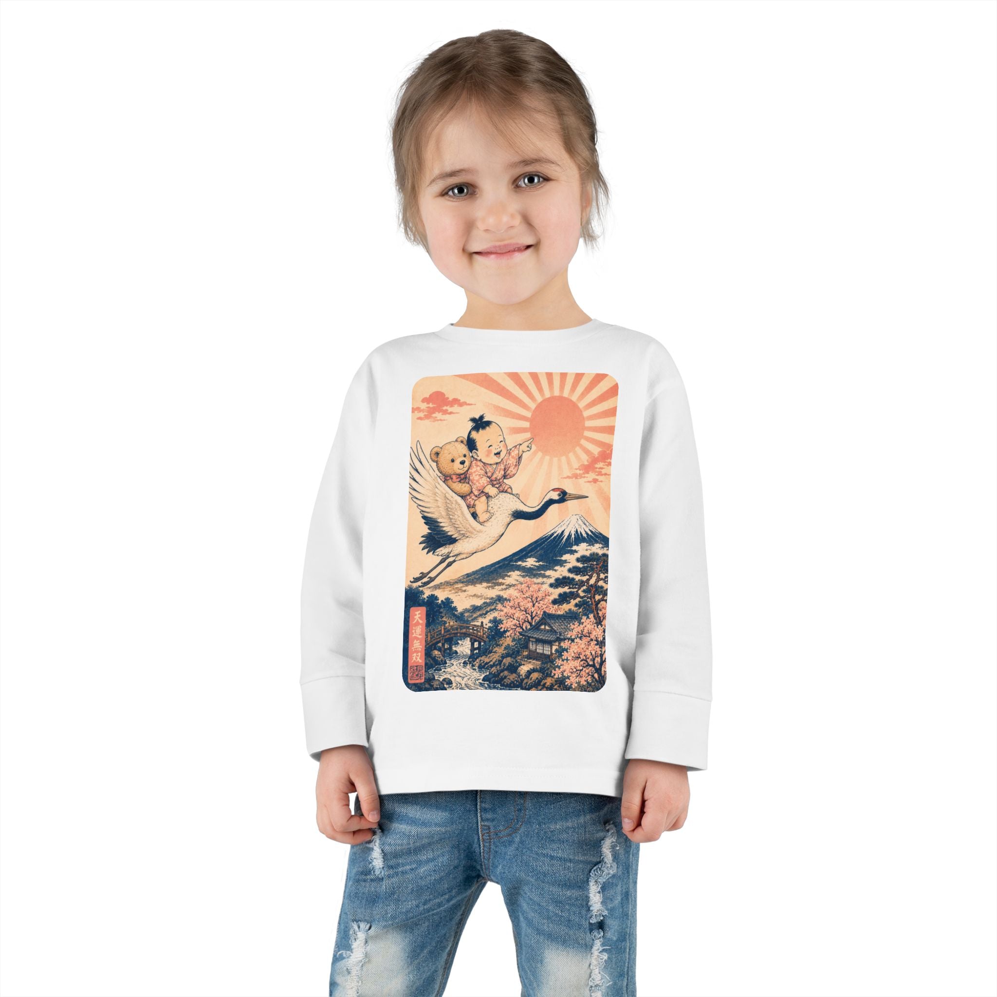 Toddler Long Sleeve Tee — Kawaii Ukiyo-e Crane Ride with Rising Sun