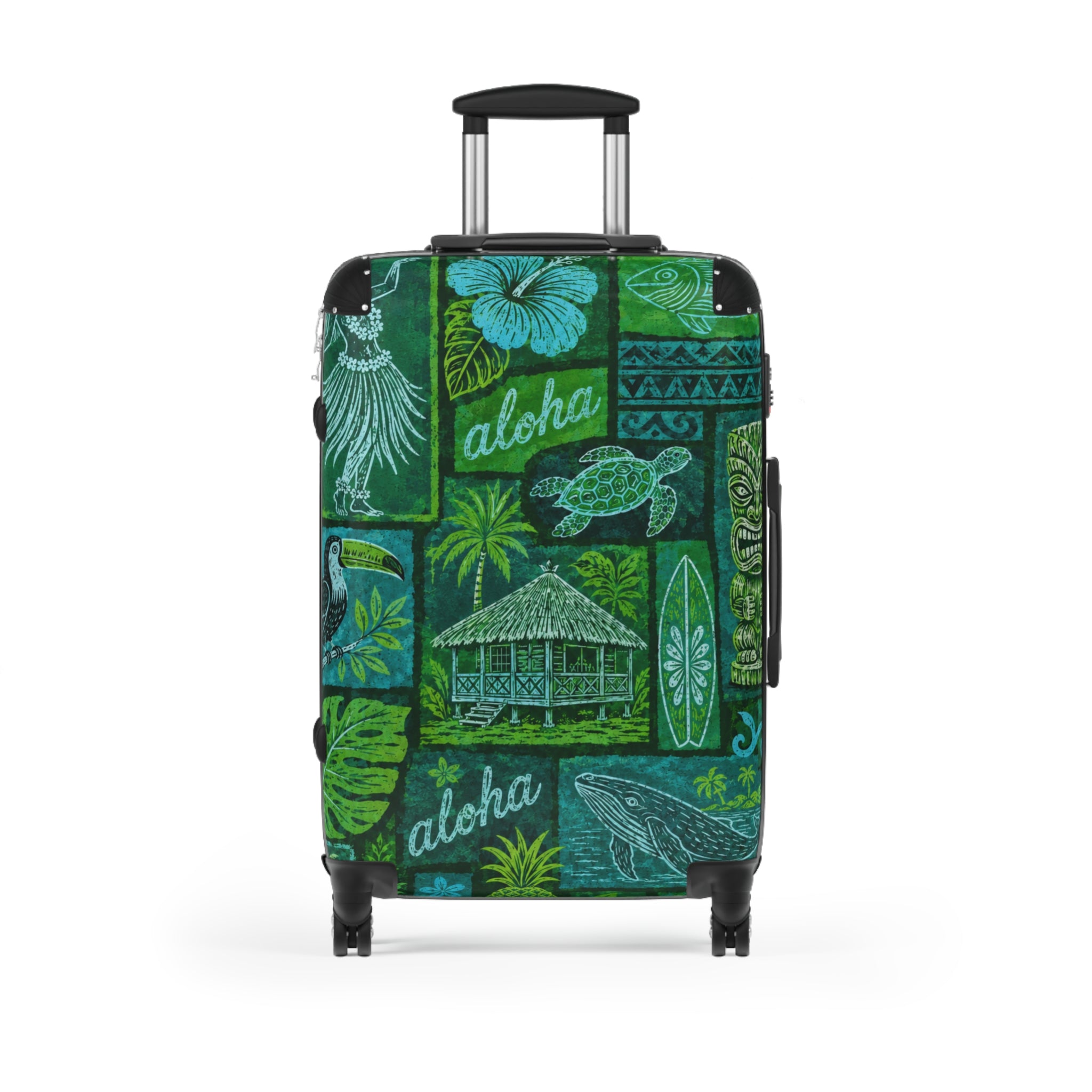 Aloha Tropical Suitcase – Green Hawaiian Stamp Print Luggage