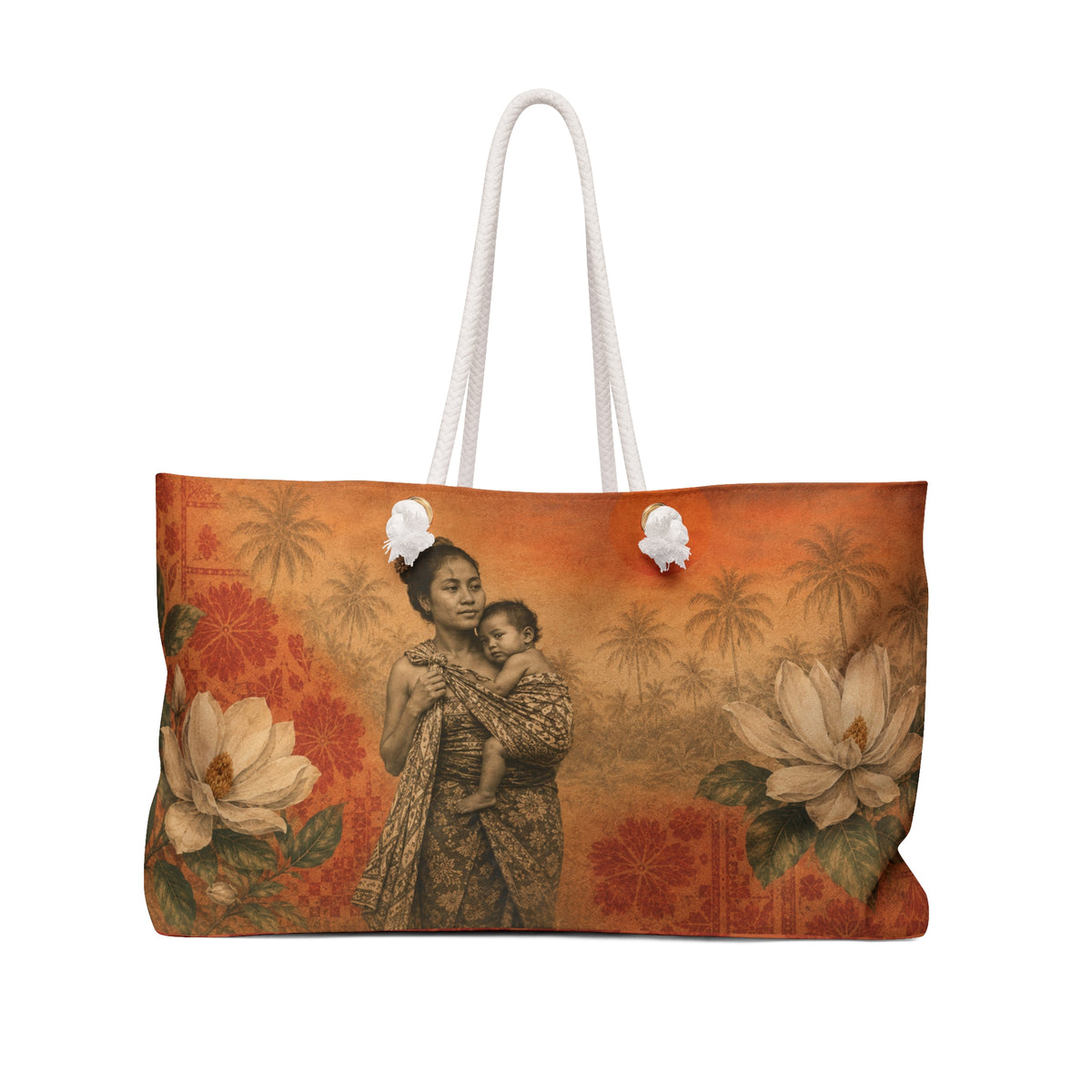 Island Mother Vintage Tropical Large Tote Bag – Balinese-Inspired Magnolia & Sunset Print