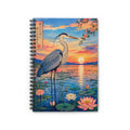 Spiral Notebook Heron Sunset — Ruled Journal with Lotus Pond Illustration