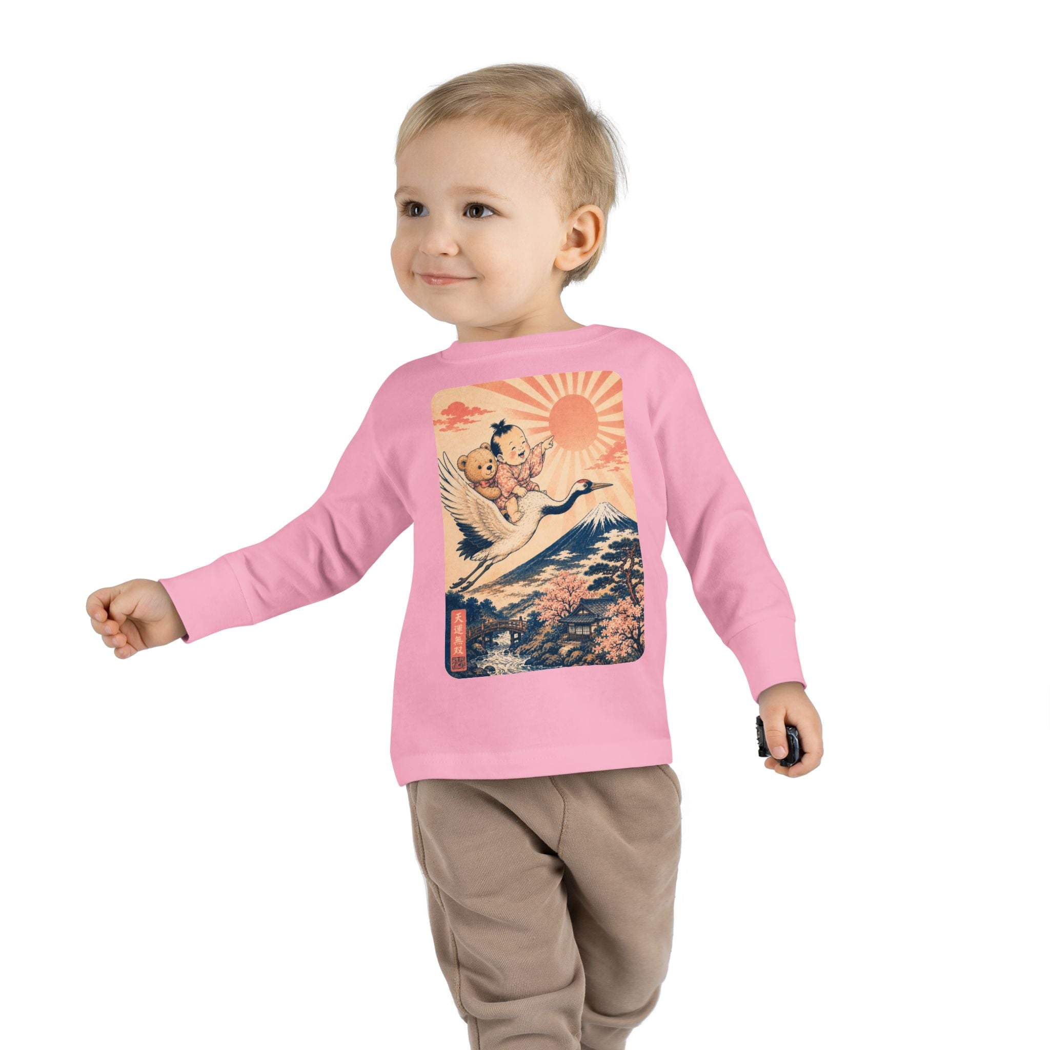 Toddler Long Sleeve Tee — Kawaii Ukiyo-e Crane Ride with Rising Sun