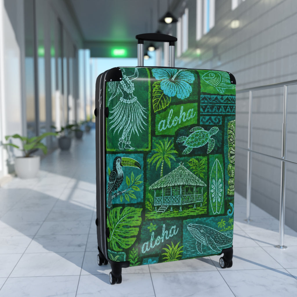 Aloha Tropical Suitcase – Green Hawaiian Stamp Print Luggage