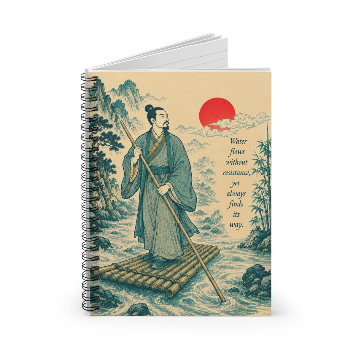 Spiral Notebook - Water Flows Without Resistance, zen landscape illustration