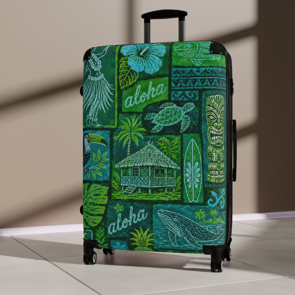 Aloha Tropical Suitcase – Green Hawaiian Stamp Print Luggage